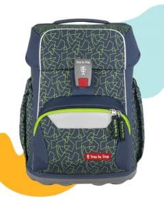 Die Schultasche Modell Basis von Step by Step. Hier das Modell in graublau mit neongrünen Linien.